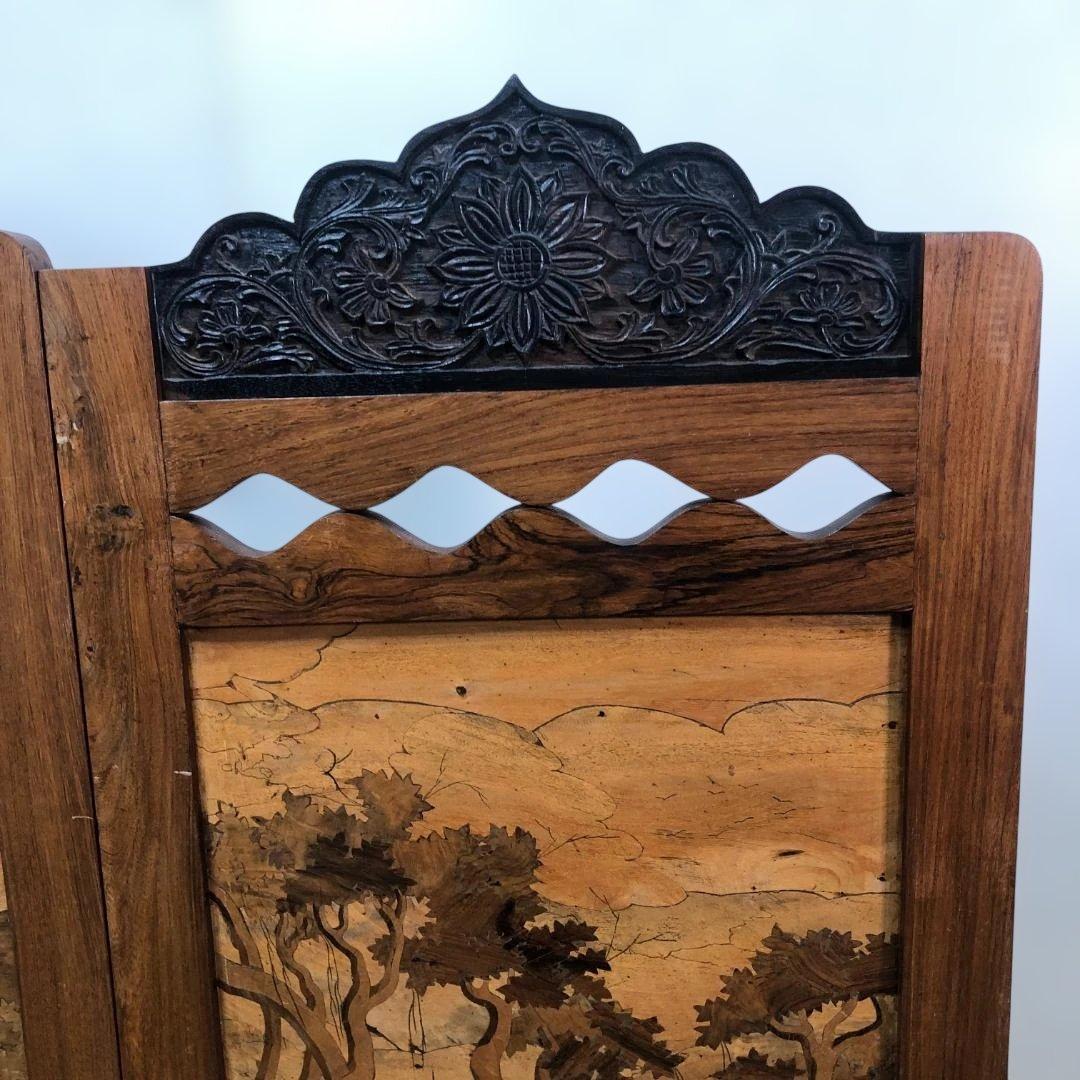 昭和52年製 木象嵌 三連衝立 松に孔雀 瑞鳥 神戸税関検査印 260117-1