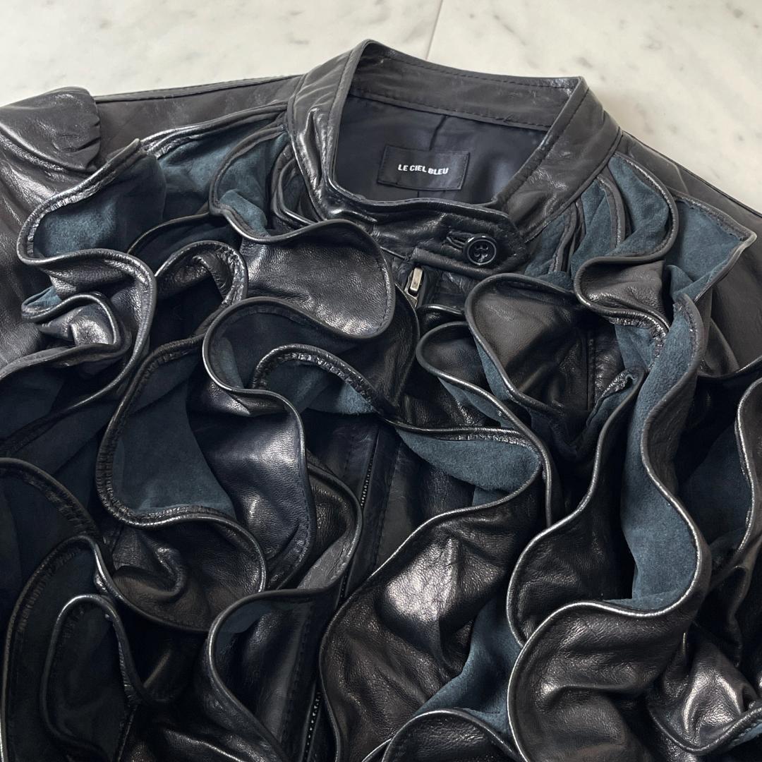 LE CIEL BLEU ラムレザー ジャケット 38 ノーカラー フリル 本革