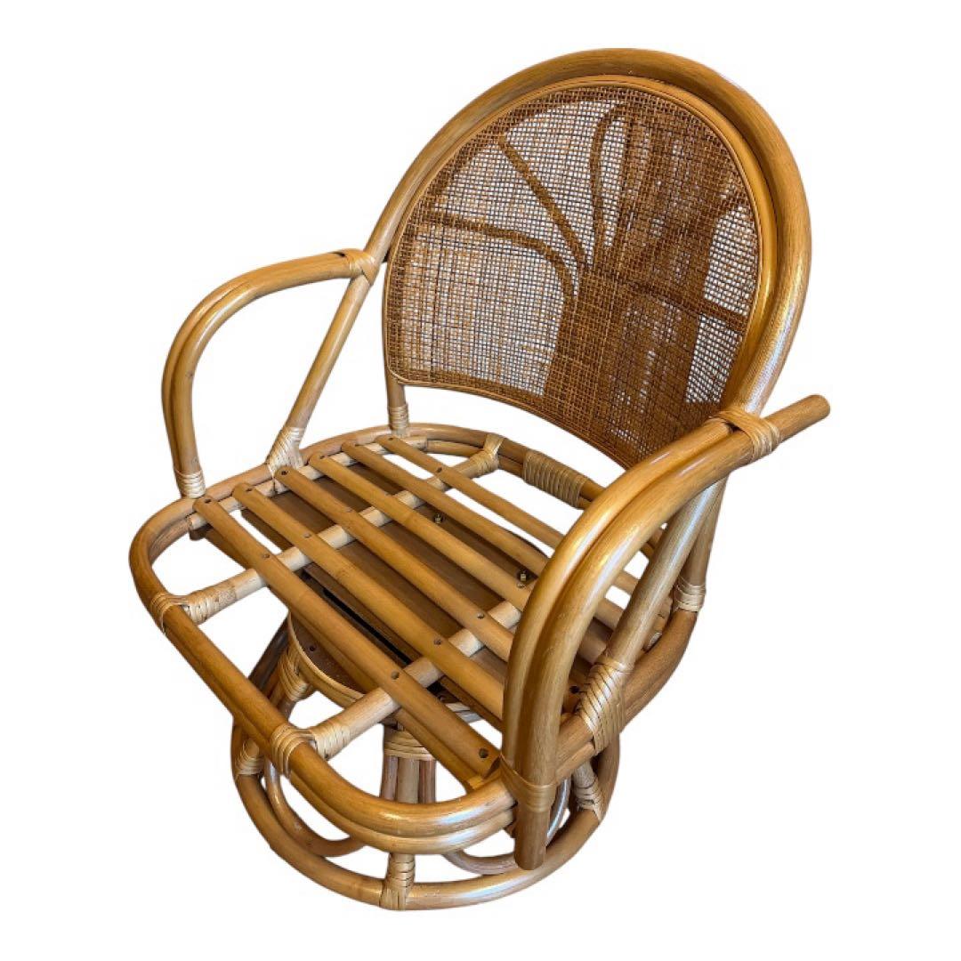 【送料無料】レトロ籐ラタン回転チェア花柄座面美品おしゃれ人気インテリア天然木風調