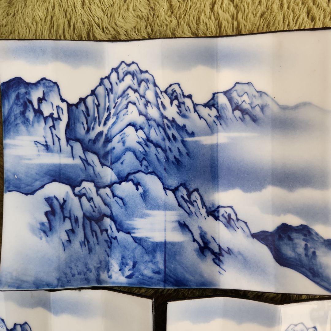 染め付け屏風形剣岳絵図角皿5客