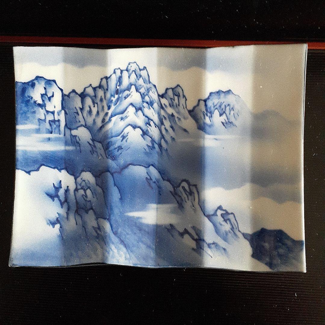 染め付け屏風形剣岳絵図角皿5客