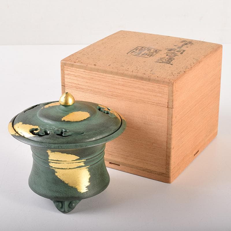 平安　秦蔵六造　塗金銅香炉　「瑞雲」　共箱　D　R7792