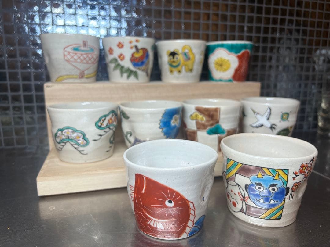 春夏秋冬 10点セット★希少 正月 季節の祝ごと 九谷焼 エクボ猪口 湯呑