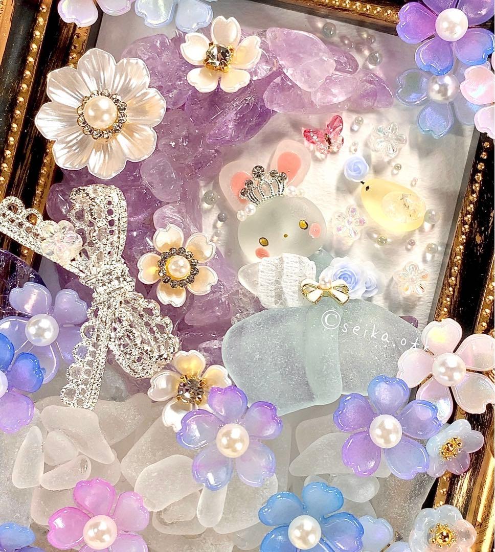 1215 ローズムーンとプリンセス うさぎ 花インテリア シーグラスアート 置物