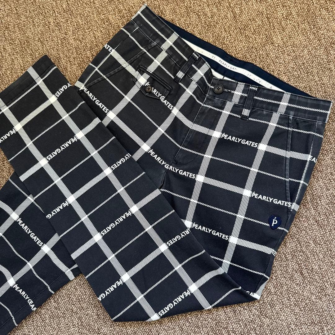 現行モデル　パーリーゲイツ　パンツ　総柄　L〜XL相当 チェック　グレー　白　5