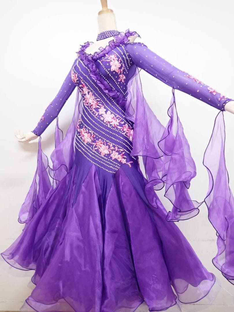 B1456★美品★紫/ピンク花/刺繍/ワンピース/スタンダードドレス☆社交ダンス