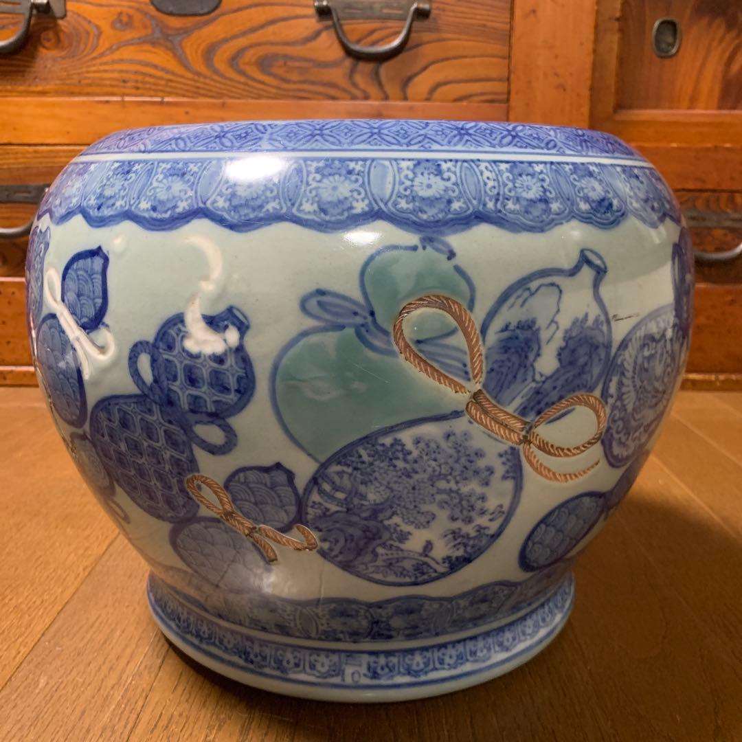 手描き染め付け火鉢　伊万里焼き　有田焼き　アンティーク　ヴィンテージ　骨董当時物