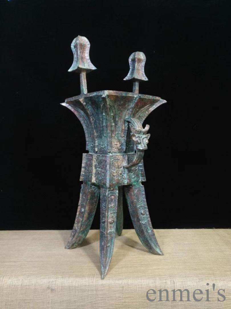 中国古美術 商代 青銅器 婦好方斝 温酒器 禮器 方形 四足 獣首鋬 青銅美術