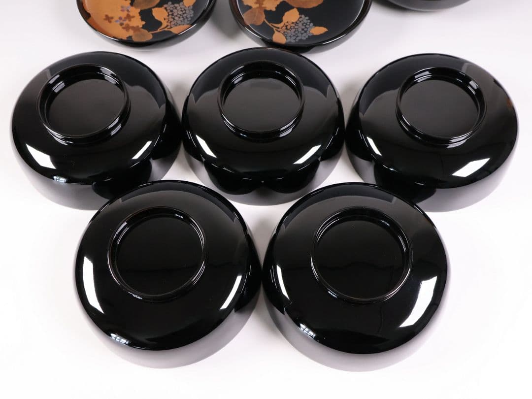 【MB190】天然木漆塗 紫陽花と葵 金蒔絵 螺鈿入 黒塗 煮物椀 五客 昭和期