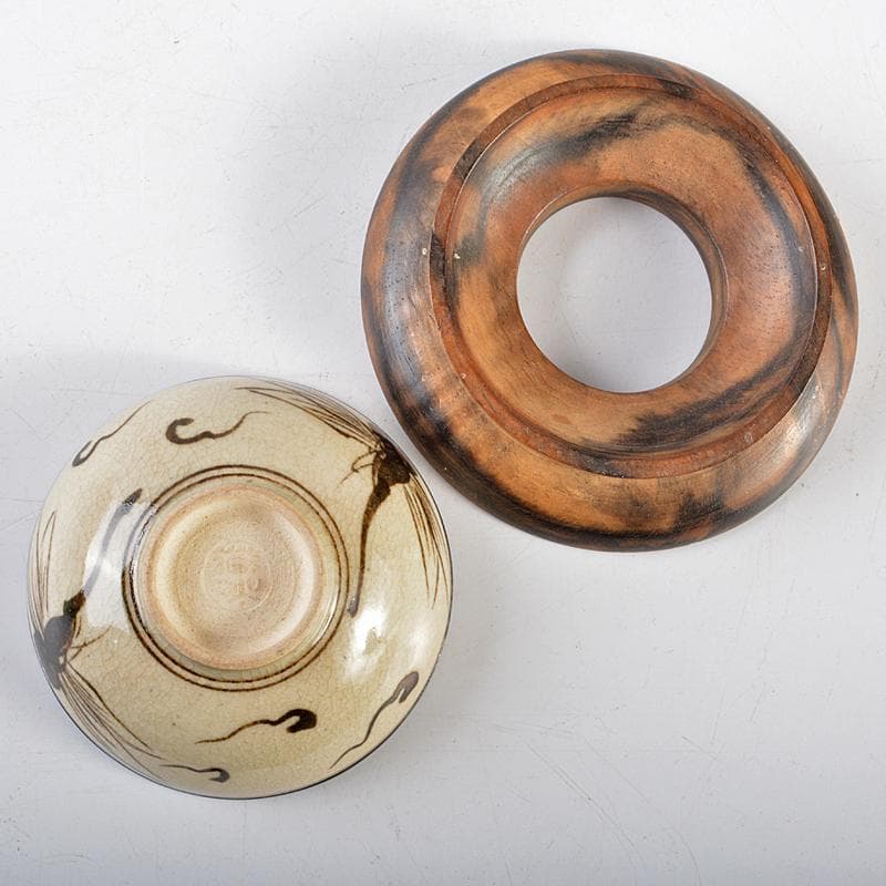 大陸　永楽善五郎作　鉄絵　蜻蛉文　内銀張　盃　黒柿盃台付　D　R5937