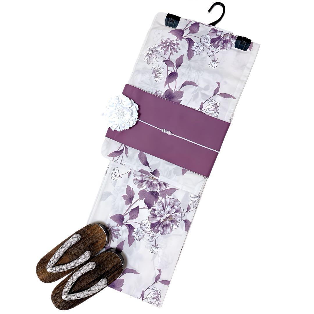 下駄なし　新作 浴衣ジェンヌ 浴衣5点セット アイボリー パープル 半幅帯