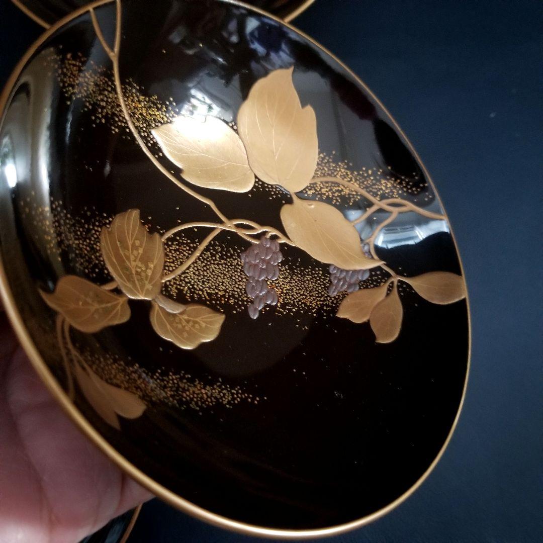 美品 輪島塗 黒漆塗 本金加賀蒔絵 金銀彩内・見返し総蒔絵 吸物椀 雑煮 2客