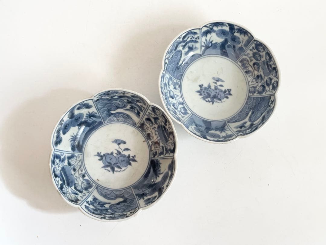 骨董　アンティーク　古伊万里　染付　牡丹　輪花縁　膾皿　なます皿　2枚