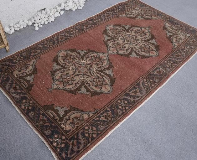 トルコ ヴィンテージラグ A4 レア ローズピンク グレージュ ブルー グレー