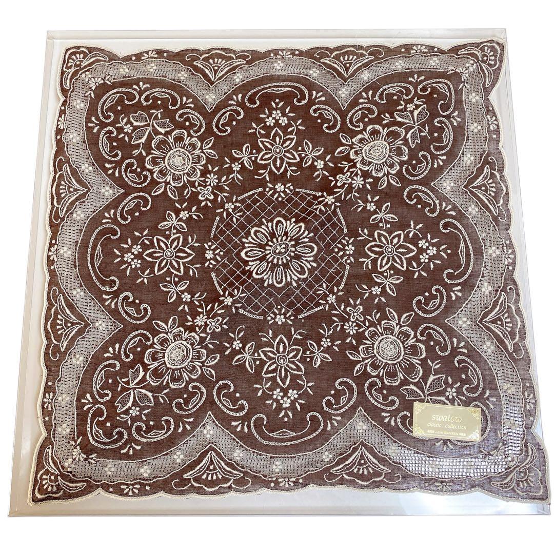 汕頭　美品アンティーク　ブラウン　スワトウ　レース　刺繍ハンカチ　結婚式　和装