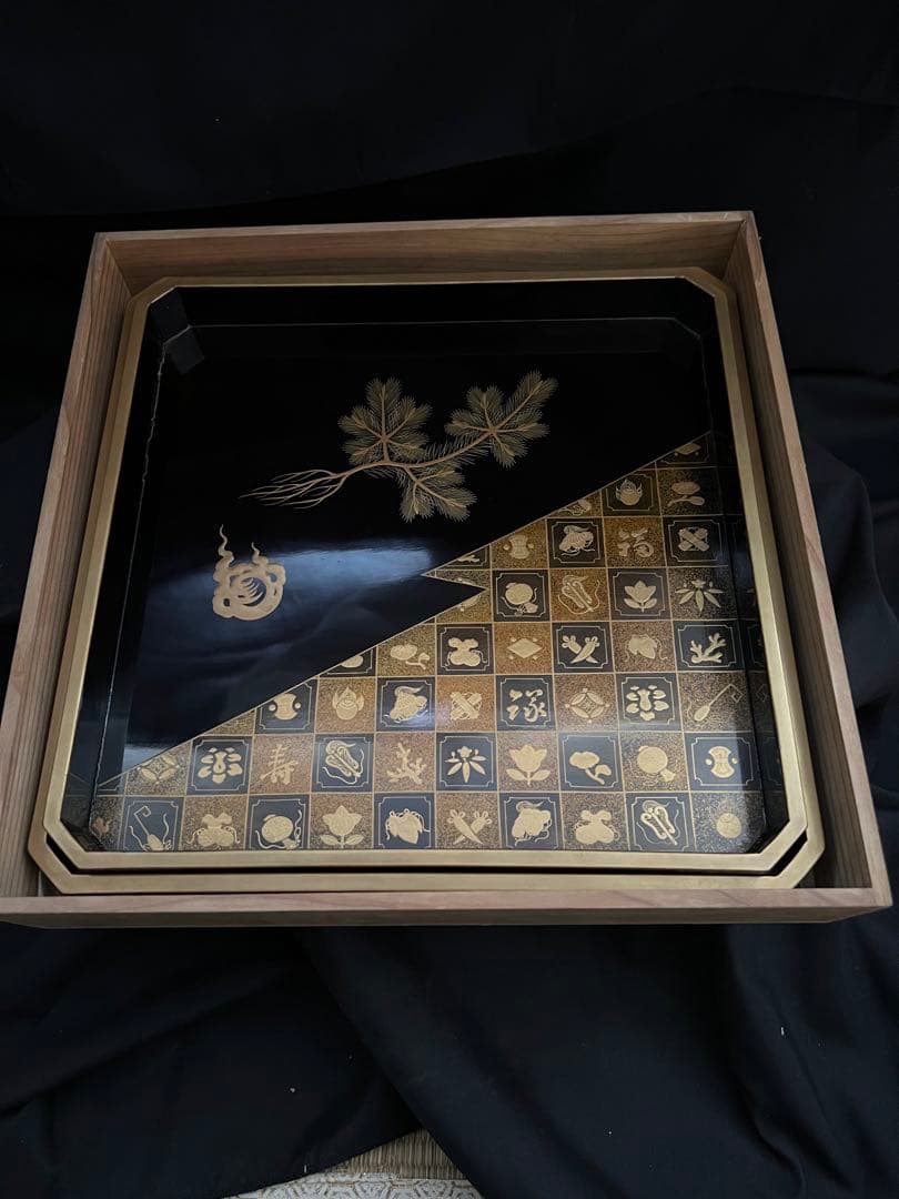 重ね盆　蒔絵　四角盆　共箱あり「福、寿」トレー お盆 和食器 レトロ お膳