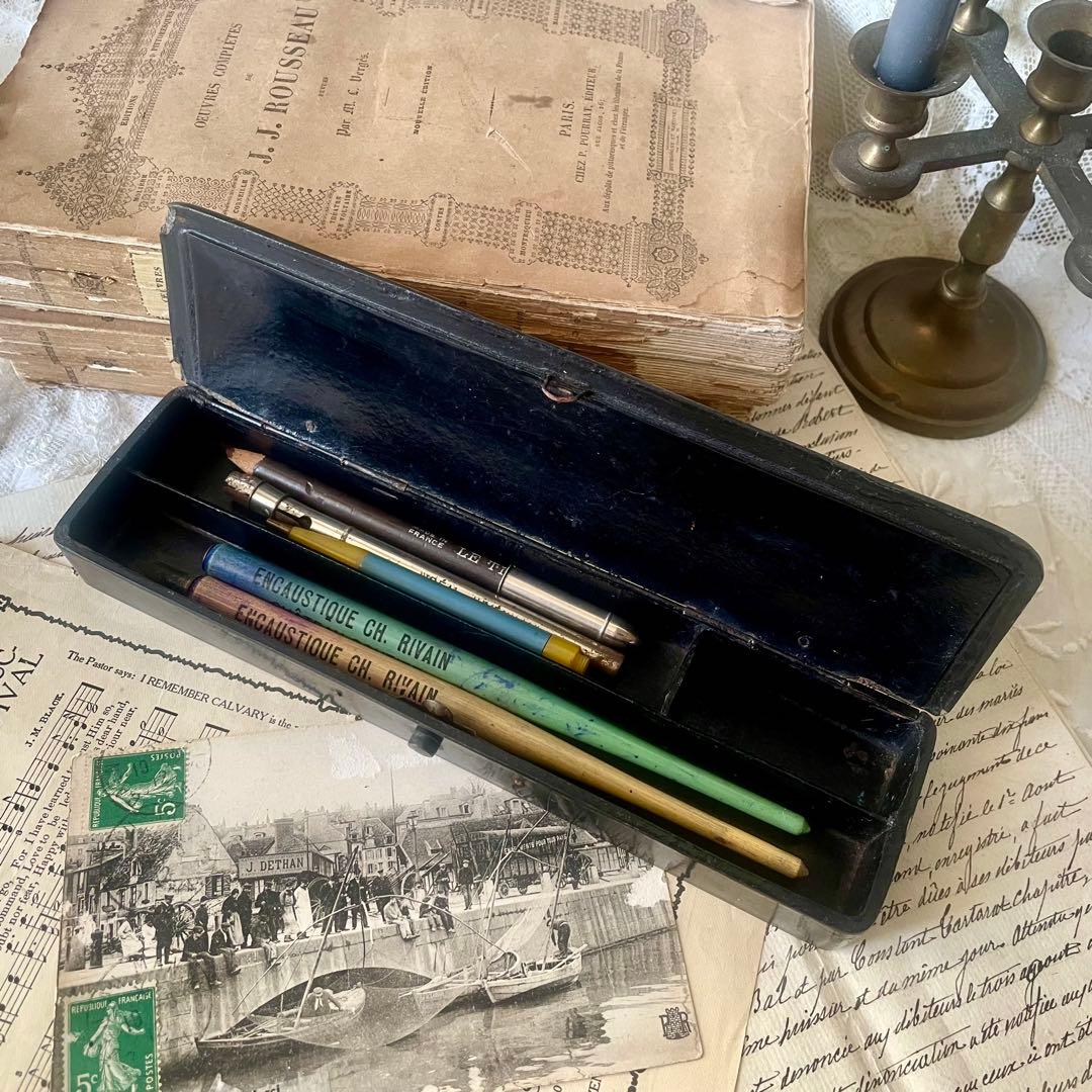 パピエマシェ小鳥柄ペンケース 筆箱　フランスアンティーク 雀　スズメ　バード