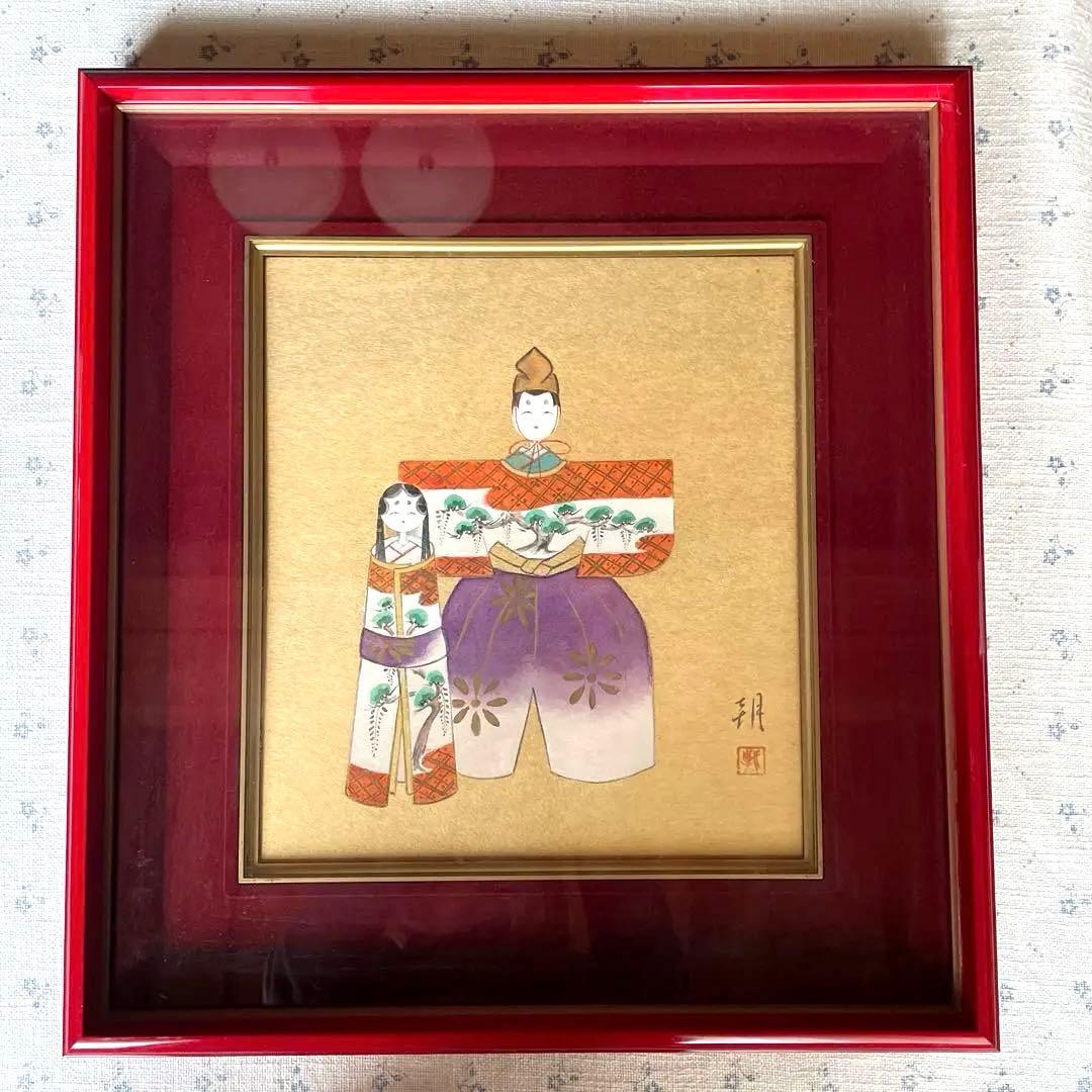 美品　雛人形の絵画　男雛女雛　木製の額縁入り