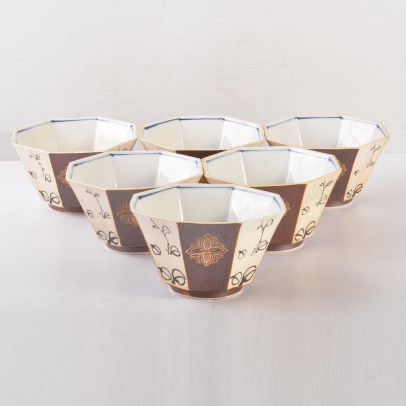 美濃焼　幸兵衛窯　加藤幸兵衛作　鉄絵花草文　八角向付　六客　共箱　C　6857A