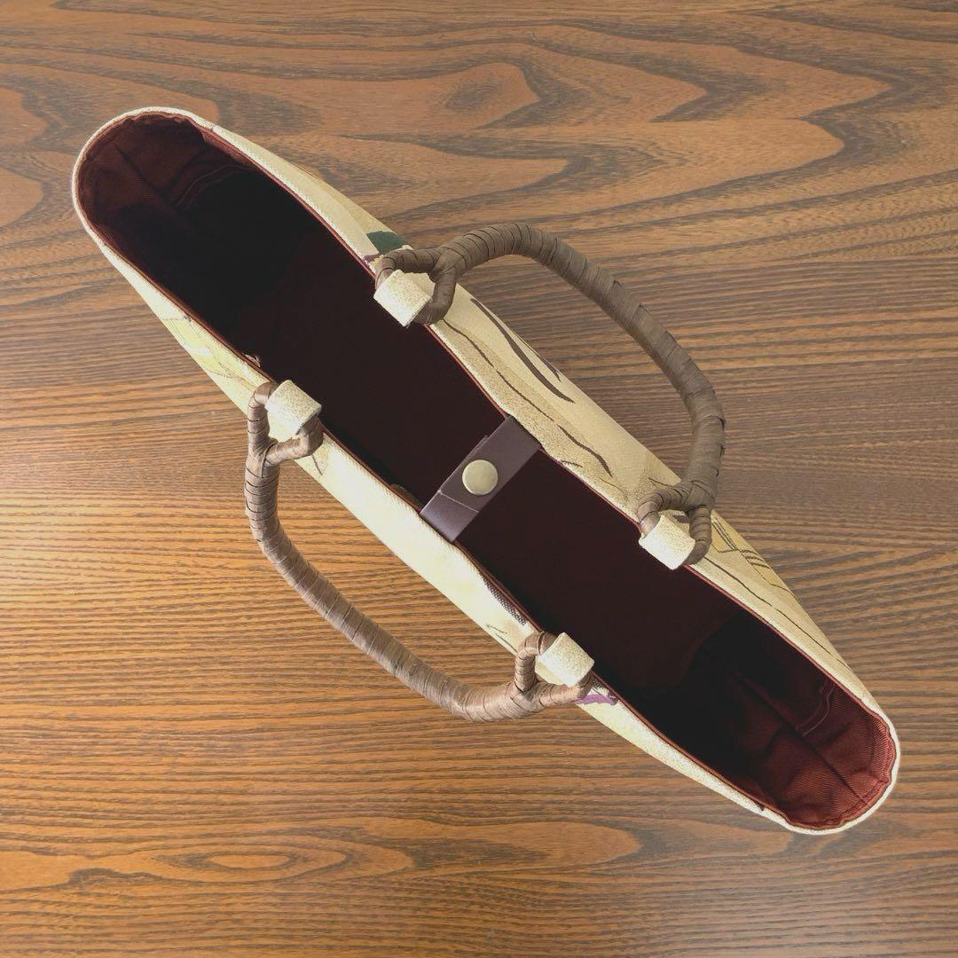 男前な歌舞伎柄の帯　リメイク　胡桃皮ハンドルバッグ　通しマチタイプ