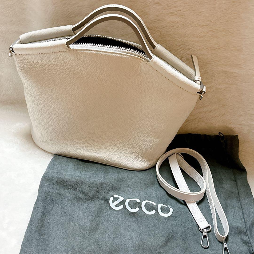 美品 eccoホワイトレザー ハンドバッグ ダブルハンドル