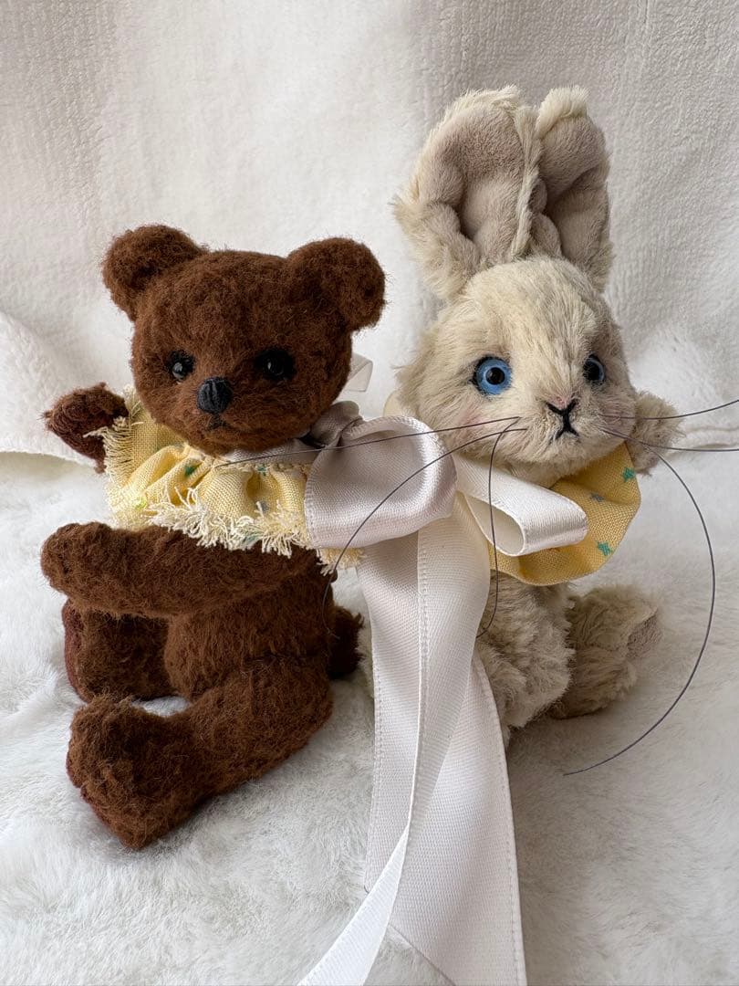 テディベア くま うさぎハンドメイド ミニチュア アンティーク風 2体セット