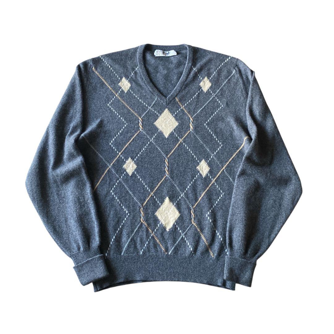 80s Pringle カシミヤニットセーター vネック アーガイル柄 42