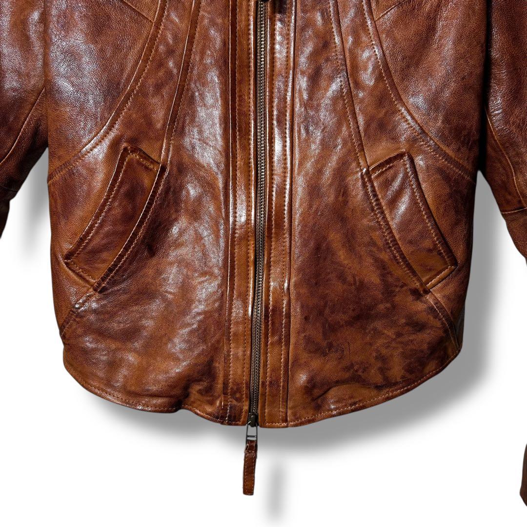 Goa 襟ファー　フード付きラムレザーシングルライダースジャケット　Y2K