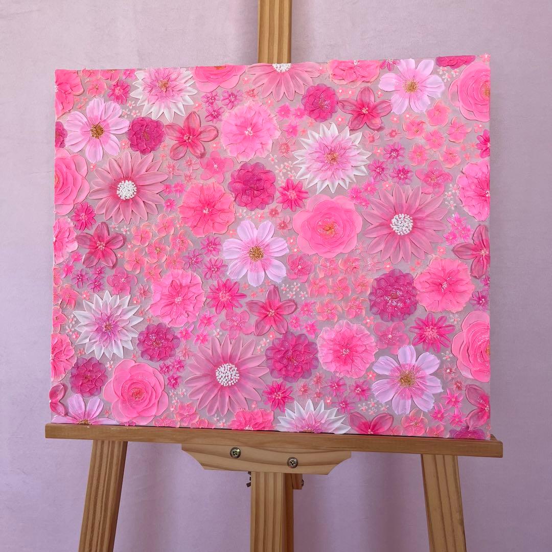 テクスチャーアート 花の絵 花柄 ボタニカルアート 絵画 ピンクの花柄