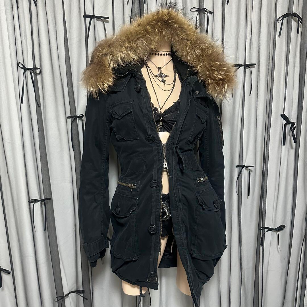 平成ギャル y2k　リアルファー付きミニタリーモッズコート　黒　グランジ　ダウン