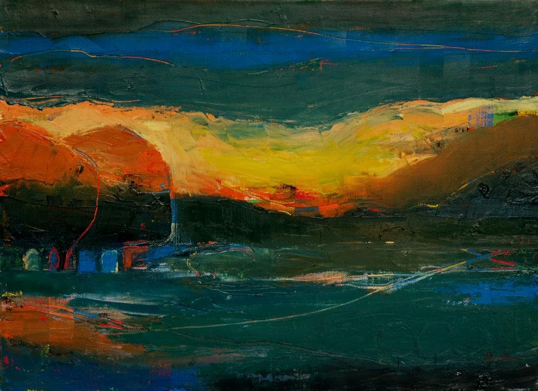 油絵 菅家令子 絵画インテリア額付(青緑＋金色の枠) F4-072212 朝夕陽