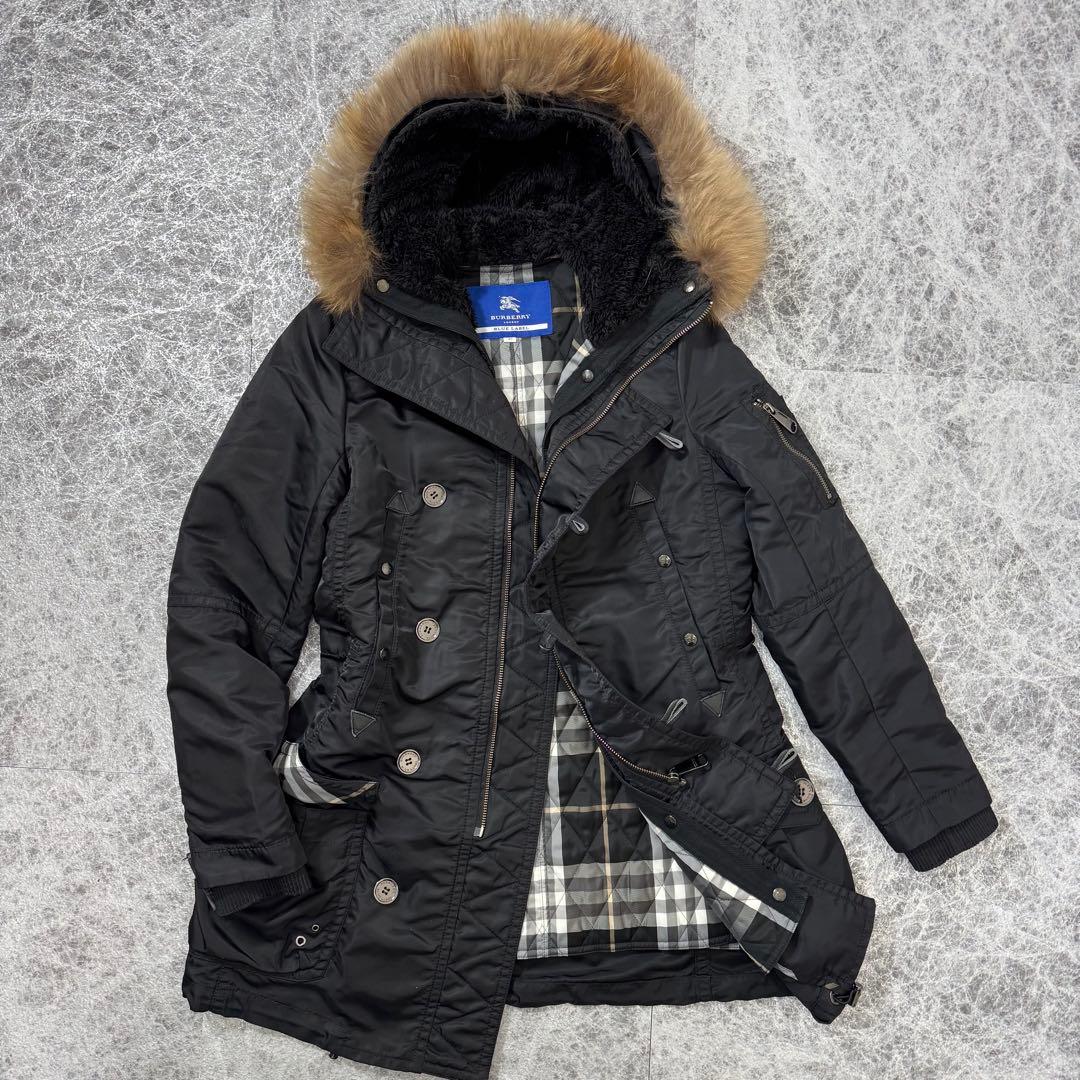 バーバリーブルーレーベル ノバチェックライナー付 ファーモッズコート 40 黒