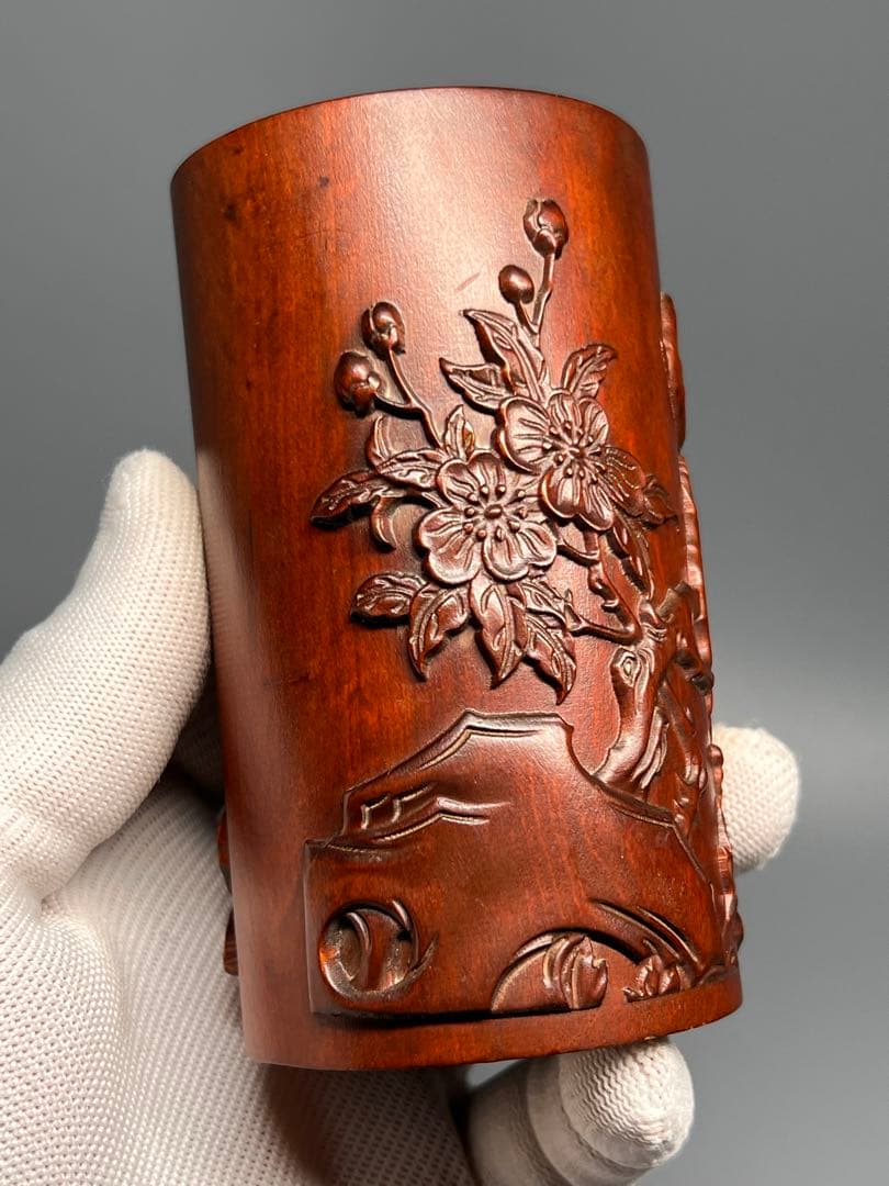 中国古美術 唐物 木製 黄楊木 一刀彫 筆立 筆筒 浮彫 文房具 極美品 旧蔵