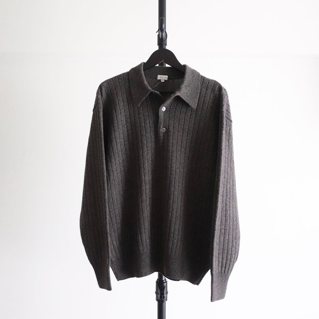 【イタリア製】OLD LANVIN カシミアウール　リブニットポロ　グレー