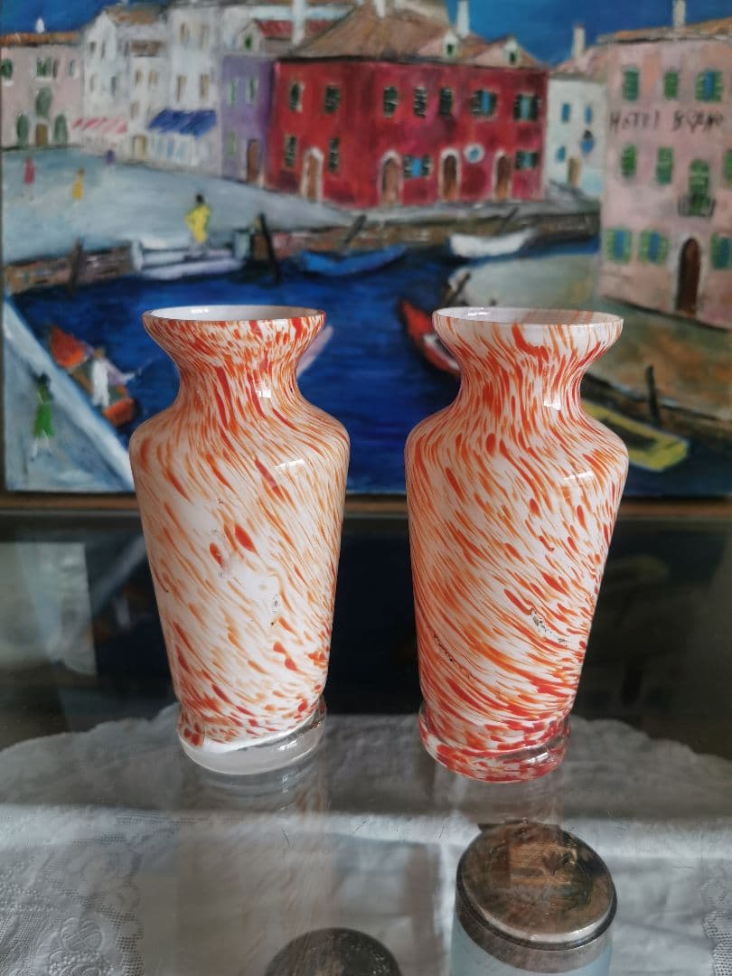 アンティーク ヴェネチアンガラス ブラッドオレンジ＆ホワイト 工房物ペアベース