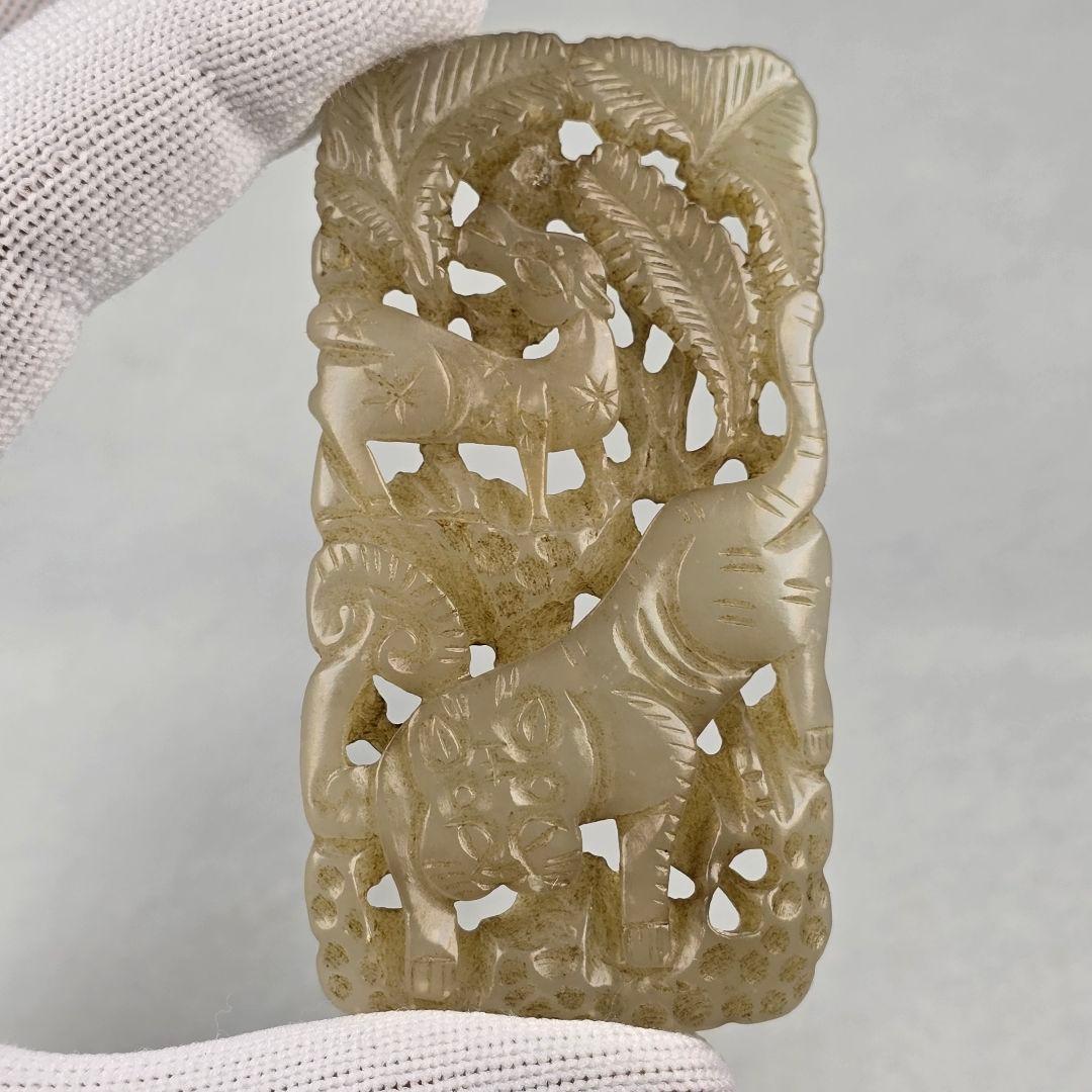 貴重品 本物和田白玉 土沁 明代 透彫り☆福禄双全☆虎鹿紋☆玉佩 根付 縁起物