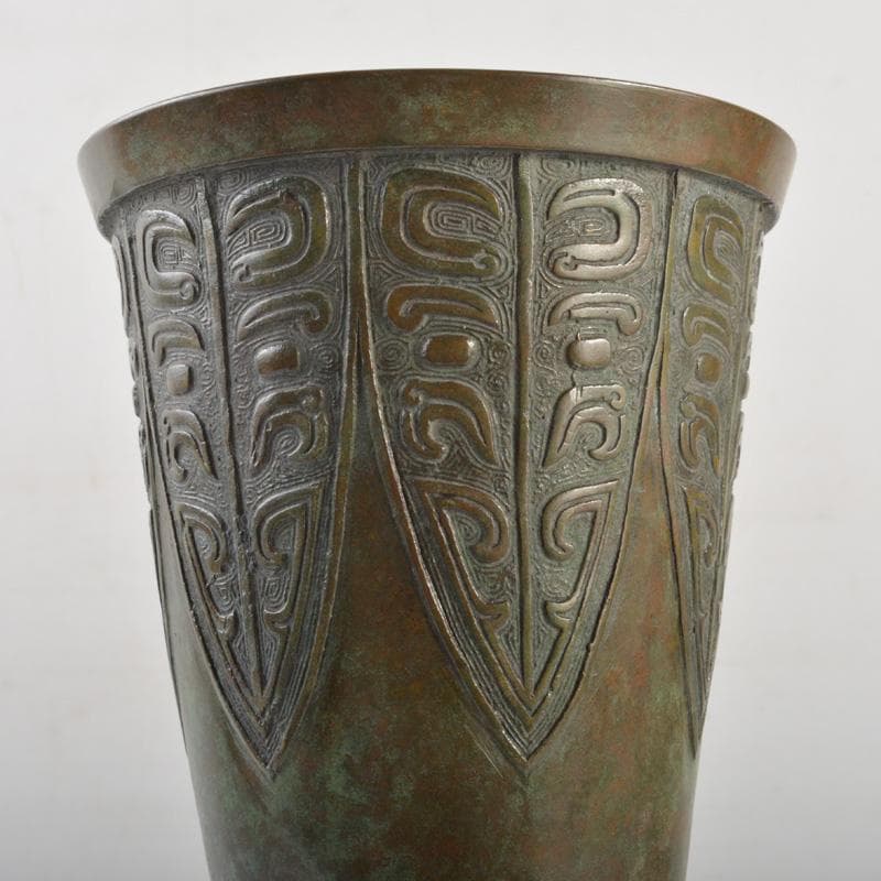 松華堂　古銅青銅　杵型　饕餮文花瓶　花器　共箱　N　6389