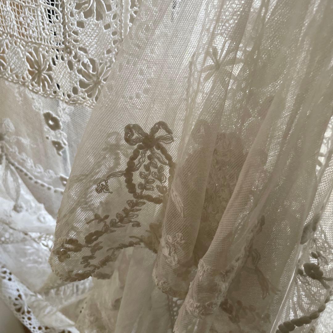 フランスアンティーク　リボンモチーフ　チュール　レース　紐付き　カーテン　間仕切