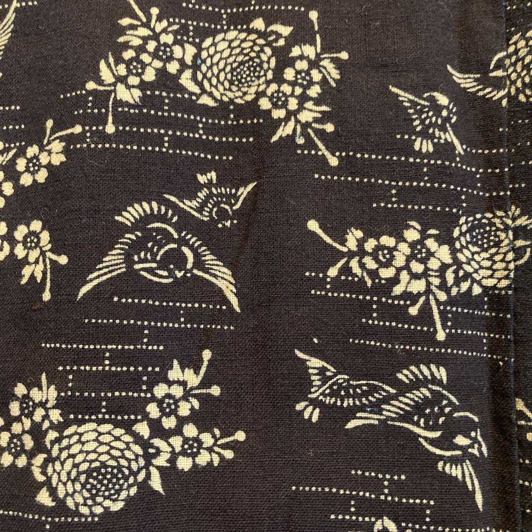 古布　両面染め　型染　藍染　半襦袢　袖無し　雀