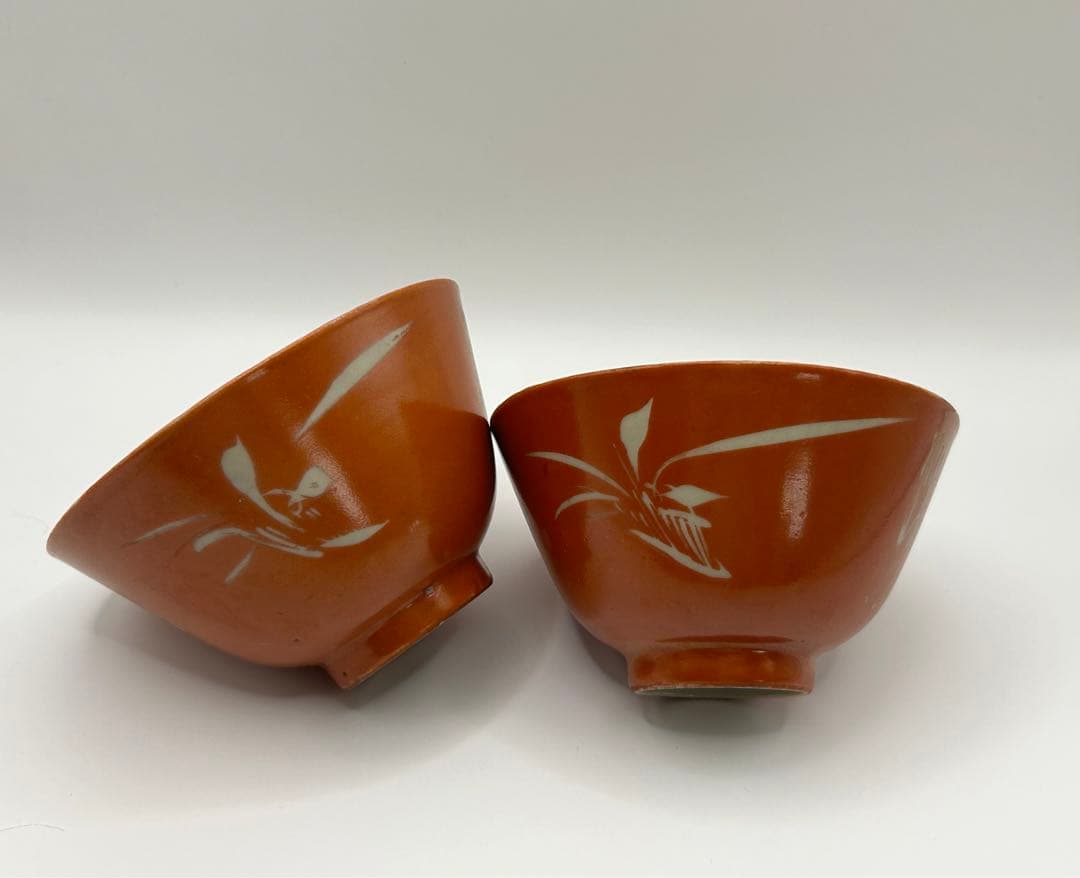 中国　清時代　珊瑚釉竹紋小杯2点　中国茶器　送料込み0315