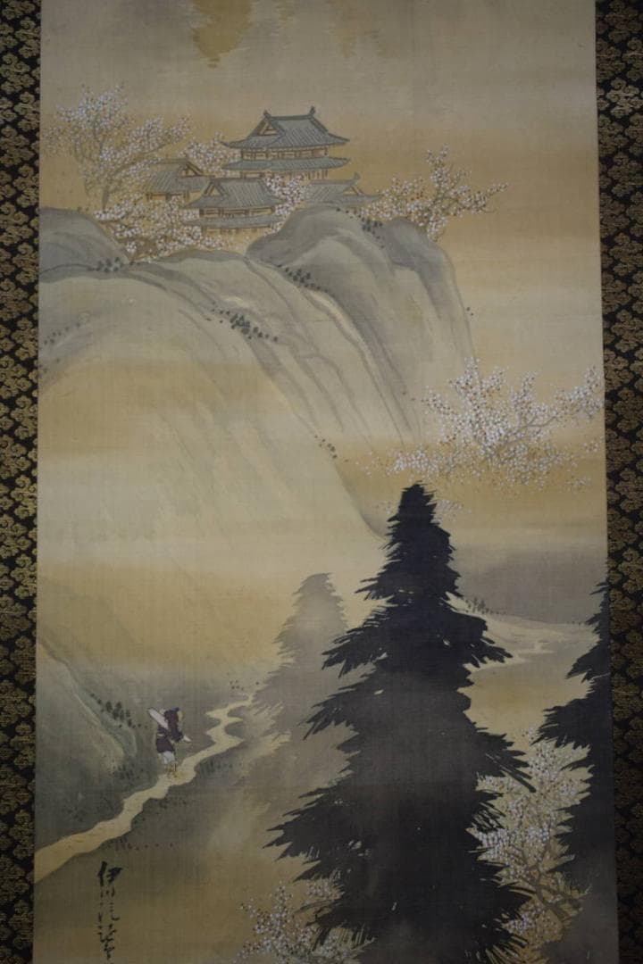 真作/狩野伊川院/人物山水図/三幅/金襴表装/布袋屋掛軸HG-24