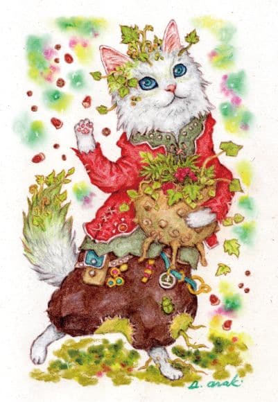 【原画】『種を蒔くカドゥケウス』（猫　植物　パステル画）