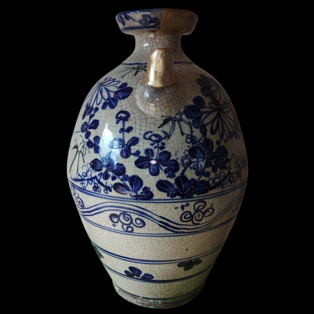 越後大久保焼　四君子染付水注　希少品　明治美術　金継ぎ