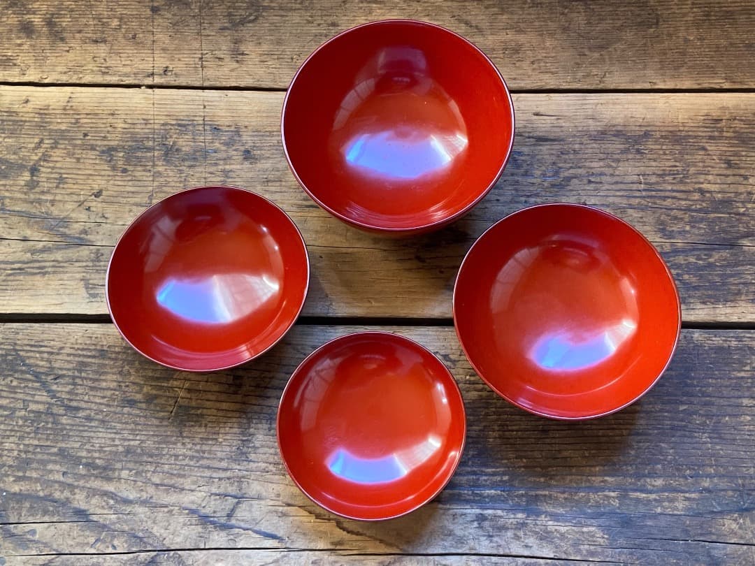 能登蔵出し 輪島塗 朱漆 入れ子 四つ椀 / 時代 朱塗 漆器椀 四つ組椀 正月