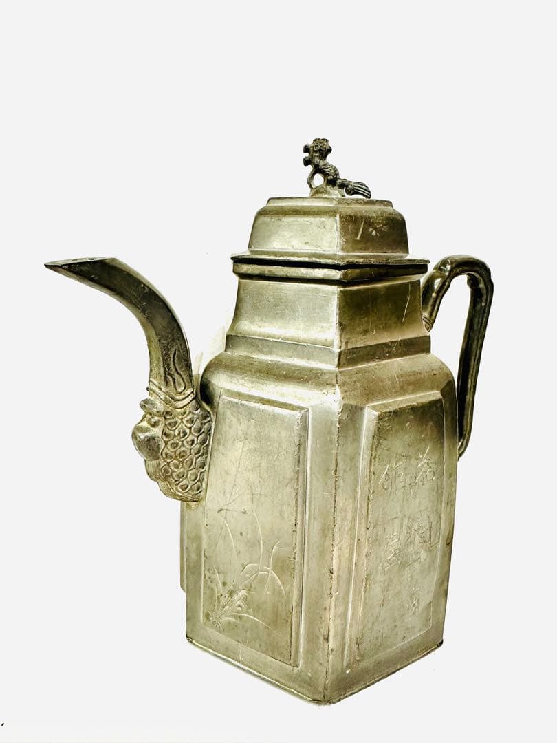 N890　茶道具　水注　錫製　約834g　六角形茶器　獅子彫刻付き