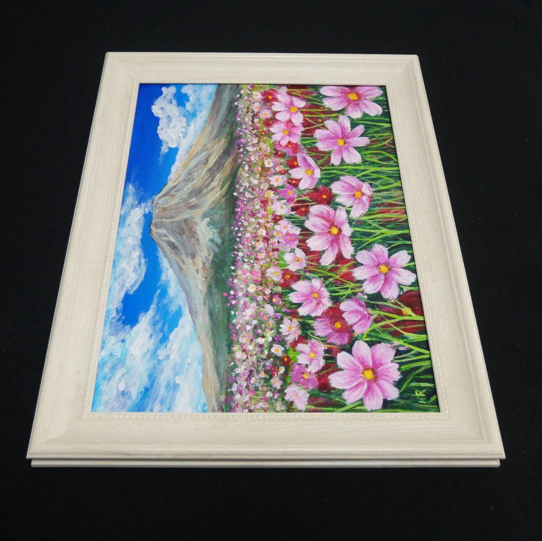 油絵 油彩 油彩画 絵画【コスモスと富士山】
