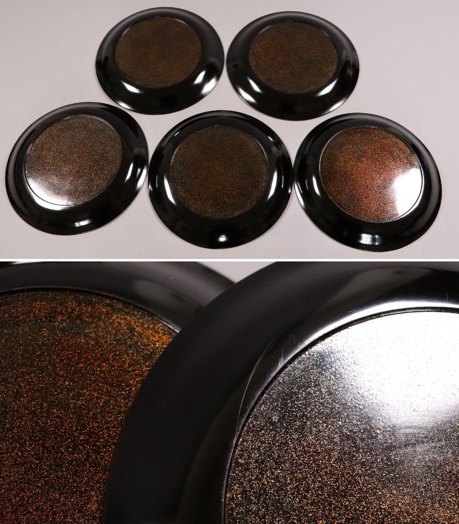 MA220 時代漆器 松竹梅鶴金蒔絵 縁唐草 黒塗 大徳寺盆 五客 菓子盆 木皿