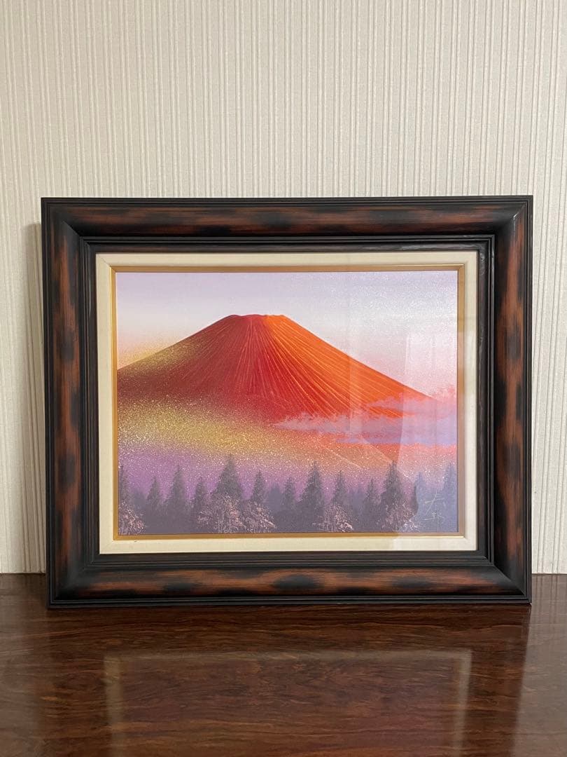 美品 徳田春邦「赤富士」油彩画 油絵 直筆サイン入り 富士山 縁起物 開運