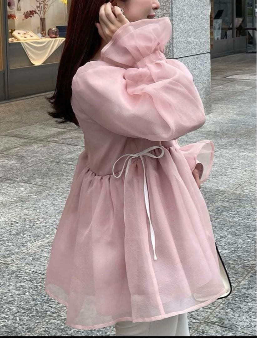 Fit more クリンクルシアーオーガンジーボリュームスリーブトップス