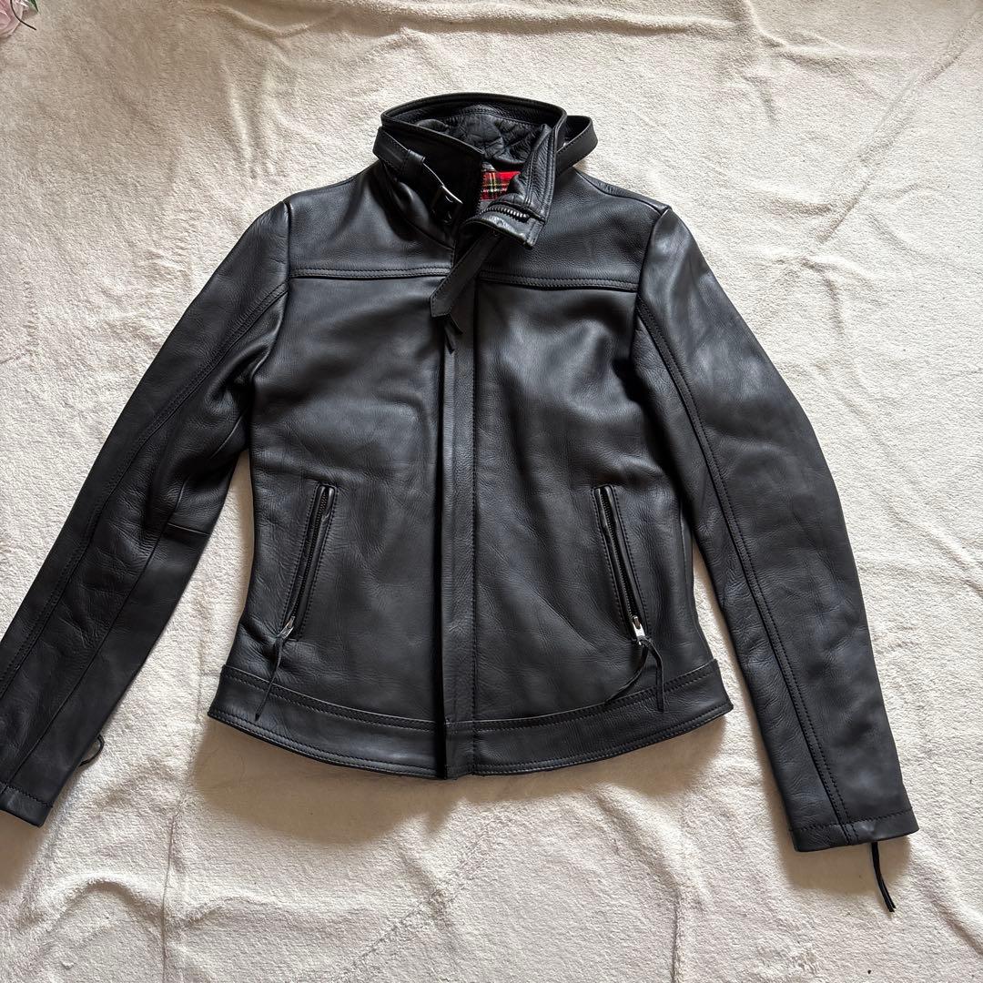 未使用級⭐️リューグーレザーズ ライダース　黒　牛革　裏地チェック赤　サイズ2